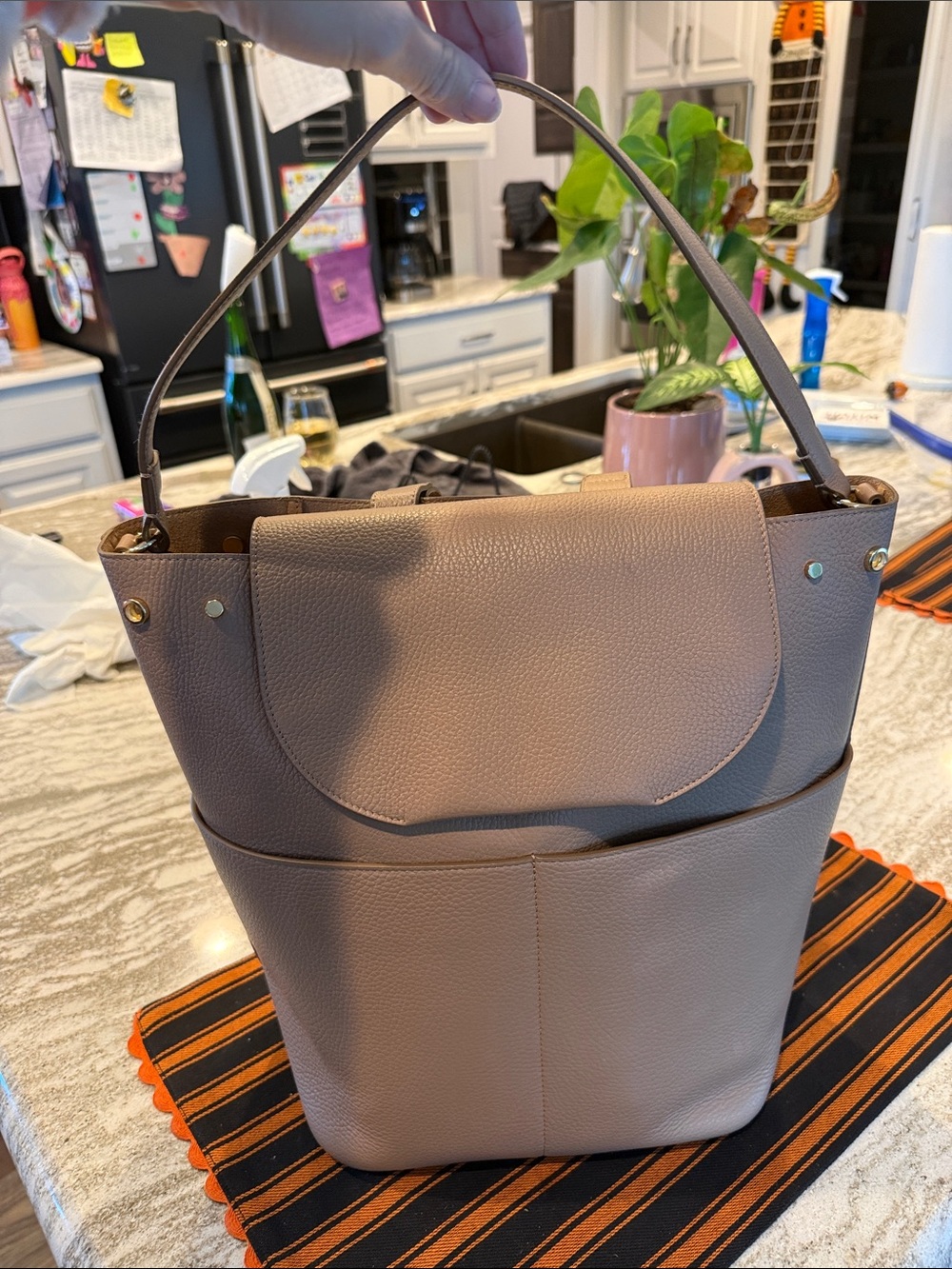 Cuyana Taupe Pebbled Leather Convertible Backpack Shoulder Bag